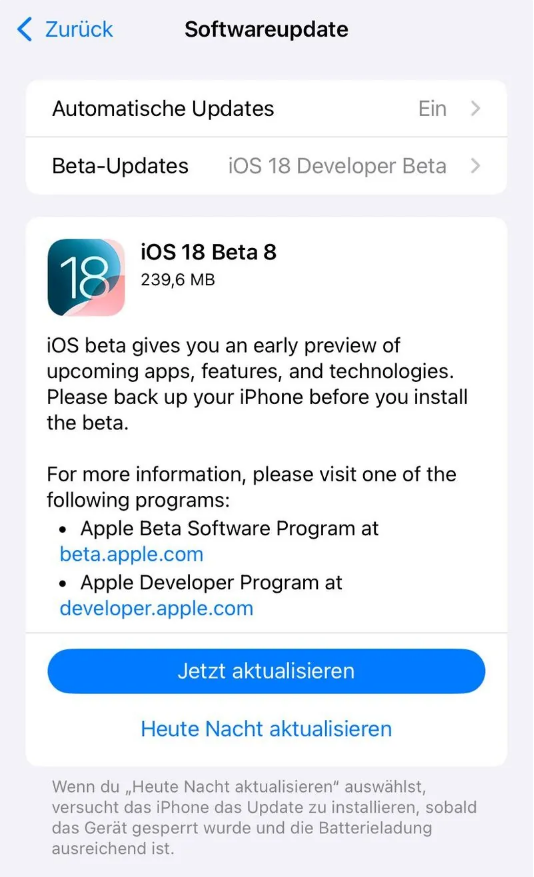 曲水苹果手机维修分享苹果 iOS / iPadOS 18 开发者预览版 Beta 8 发布 